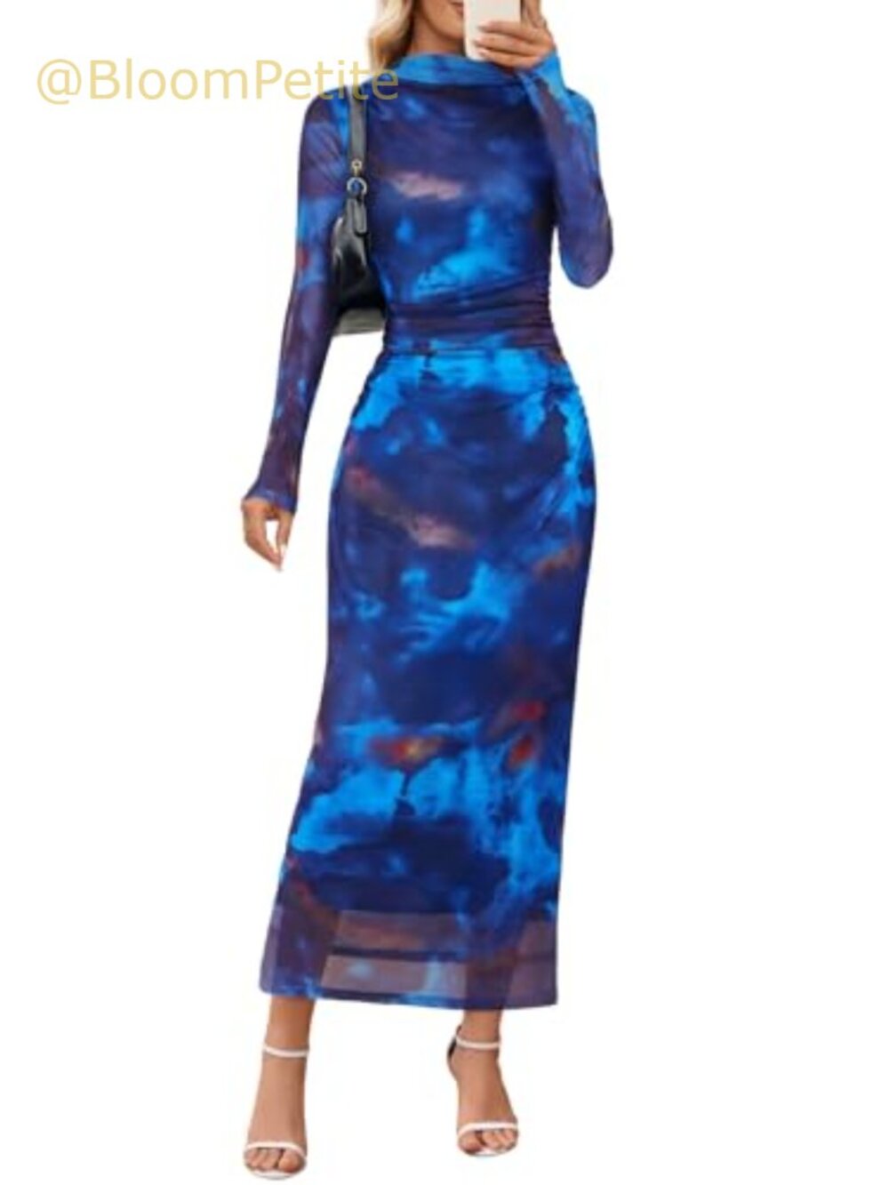 Womens Long Sleeve Mesh Bodycon Maxi Dress Ruched Mock Neck